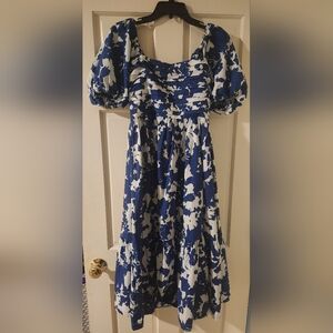 Abercrombie and Fitch puff sleeve Emerson midi dress in blue pattern size SP